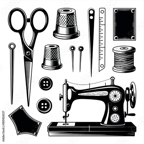 Vintage sewing machine and accessories set illustration