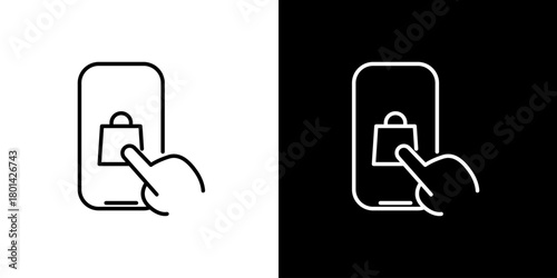Line art icon illustrating mobile shopping with a hand clicking a shopping bag on a smartphone screen, representing online commerce