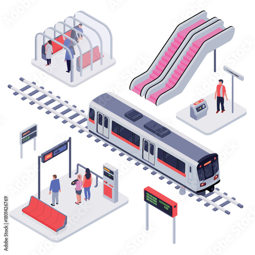 Isometric illustration of a modern subway station with train and escalators