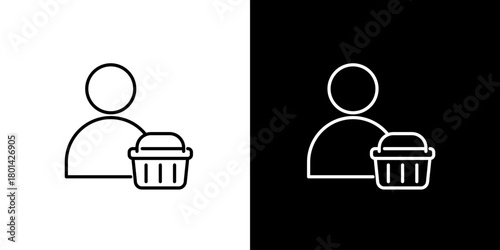 Vector illustration of a user icon combined with a shopping basket, symbolizing customer management, e-commerce accounts, or online shopping activity for digital platforms