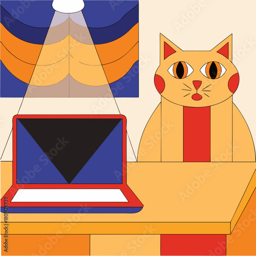 A cat looks at the laptop screen in shock and despair. Laptop and cat on the table. icon

