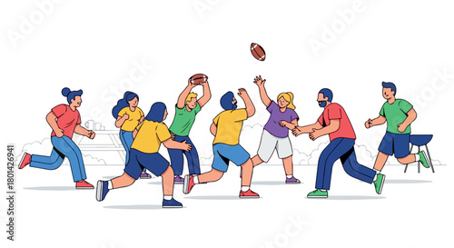People playing football game outdoors with joyful expressions