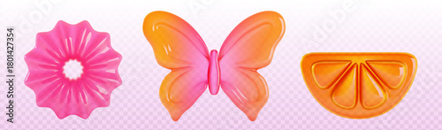 Sweet 3d jelly candies set isolated on transparent background. Vector realistic illustration of cute flower, butterfly, orange shape gummies, tasty color marmalades, organic confectionery products