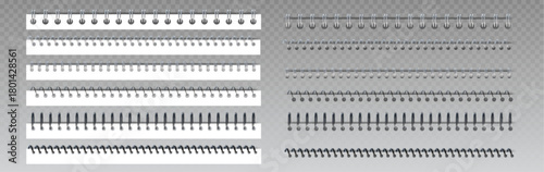 Metal spiral ring binder for notebook with coils and wire binding elements. White rectangular paper strips with silver and black metal springs in various styles. Office stationery document bounds.