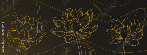 Golden lotus line pattern on transparent black background. Vector realistic illustration of seamless floral design with water lily flowers, elegant wallpaper, greeting card or spa banner decoration