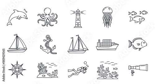 Collection of marine and nautical line art icons