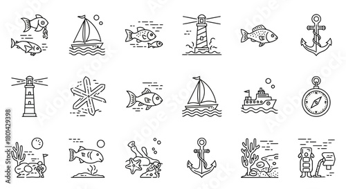 Collection of marine and nautical line art icons