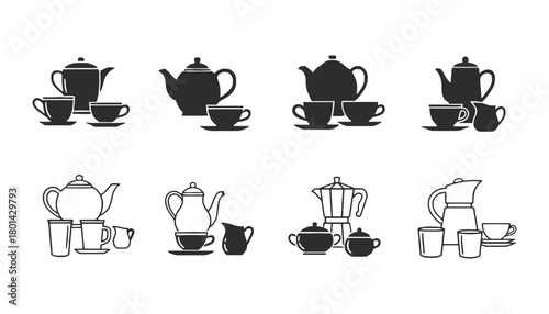 Tea pots and cups vector illustration tea time collection