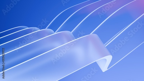 Abstract wavy curved 3d render. Blue soft layers of glass plastic with lines, folds, ruffles. Modern wallpaper, texture pattern.