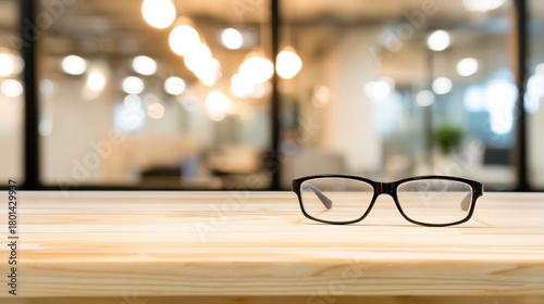 A clean wooden desk with eyeglasses, set in a quiet after-hours office atmosphere. pitch deck slides, case study pages, designed for brand storytelling and e-commerce strategy.