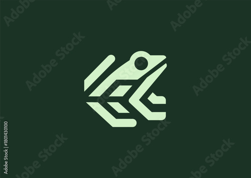 A unique geometric frog logo composed of faceted polygonal shapes and structured line patterns, conveying adaptability, nature, and energy, designed as a modern minimalist vector illustration concept