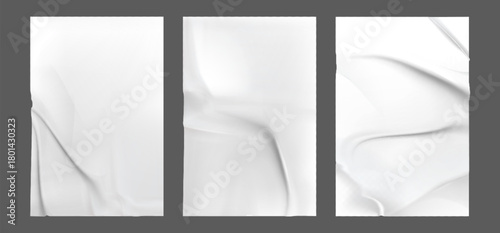 White creased sticker paper sheets with folded corners and wrinkled textures for poster mockup or presentation designs. Blank adhesive labels with shadows. Realistic street material templates set.
