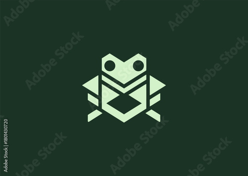A unique geometric frog logo composed of faceted polygonal shapes and structured line patterns, conveying adaptability, nature, and energy, designed as a modern minimalist vector illustration concept