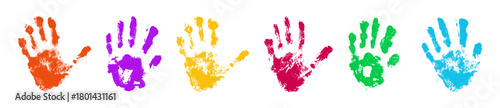 Colorful palm handprint marks with paint textures for creative projects or children activities. Vibrant finger impressions in bright rainbow colors. Identity and kids art design elements set.