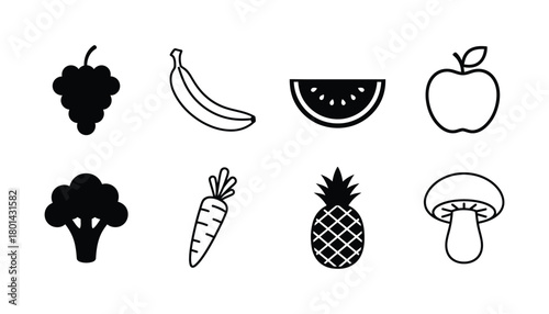 Vector fruit and vegetable icons healthy food outline drawing