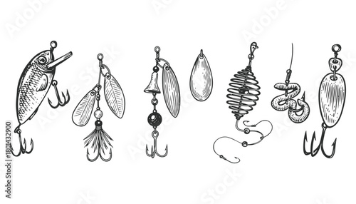 Fishing lures and tackle vintage sketch style vector design