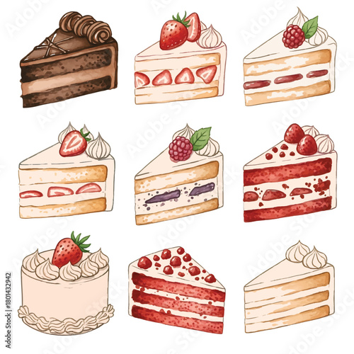Watercolor Collection of Various Cake Slices and Desserts