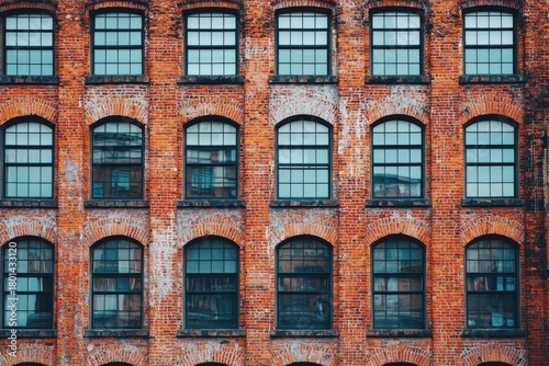 Historic brick building with arched windows showcasing urban architecture and vintage charm in a lively city