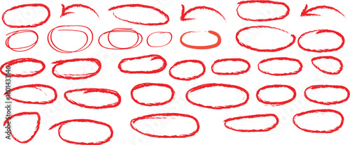Handdrawn doodle grunge circle highlights. Red circles and arrows drawn on a dark background. A grid of hand-drawn red circles and a few arrows are scattered across a dark, textured background. 