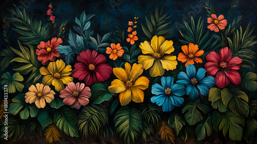 Vibrant oil painting of lush tropical garden with abundant array of colorful flowers and diverse green foliage against deep, textured background