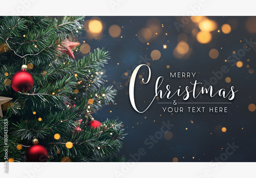 Christmas Tree Card With Decorations And Bokeh Mockup