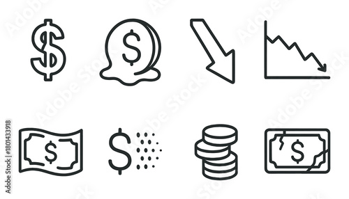 Black and gray financial icons depicting economic downturn and currency decline