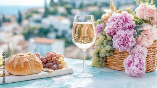 Fototapeta Naklejka Na Ścianę i Meble -  Elegant al fresco moment with refreshing glass of rosé wine, artisan bread, assorted grapes, and lush pink peonies in wicker basket, all enjoyed with scenic view of blurred Mediterranean town on brigh
