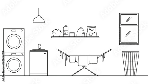 Laundry room outline with washing machine and drying rack vector