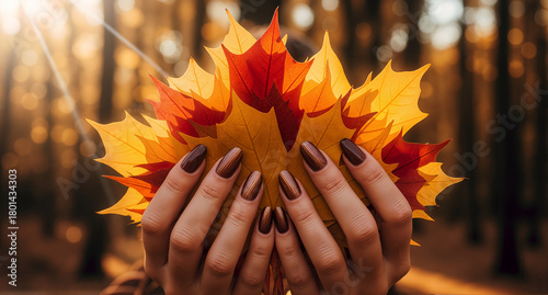 Female hands with brown fall manicure holding bright autumn leaves in warm forest light, seasonal beauty concept perfect for nail salon promotion, fall fashion trends, and beauty marketing