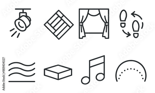 Theater set elements icons: spotlight, floor, curtains, stage, music note, stage design