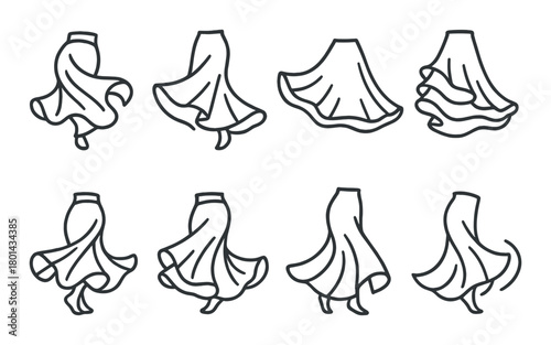 Elegant skirt silhouettes on dark background with various styles