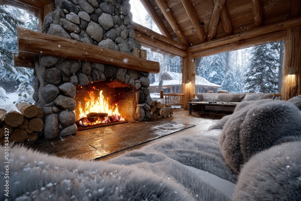 Fototapeta premium Cozy winter retreat with fireplace surrounded by snowy forest in a rustic cabin