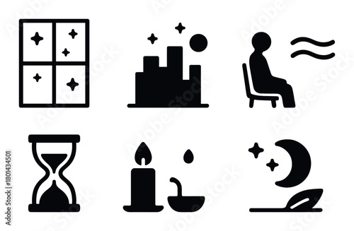 Minimalist icons of nighttime, relaxation, and urban scenes on dark background