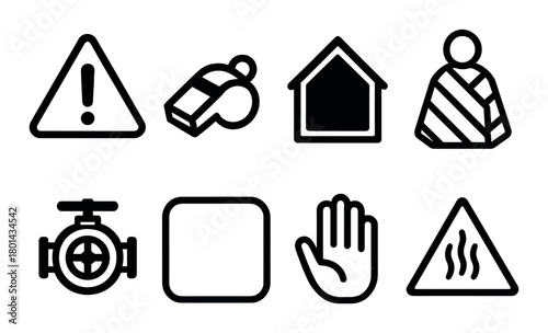 Various safety symbols including warning, whistle, and steam icons