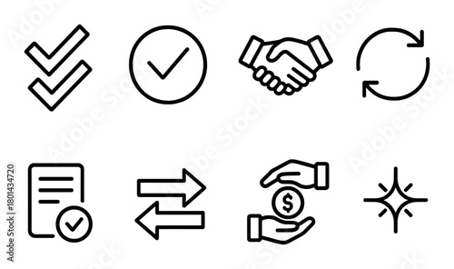 Minimal black line icons: checklist, handshake, exchange, refresh, money, sparkle