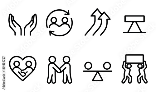 Minimalist black icons representing human interaction and cooperation elements