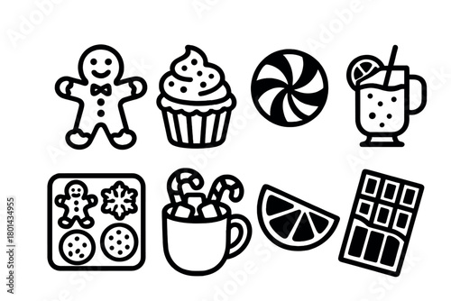 Assorted sweet treat icons: gingerbread, cupcake, candy, drink, cookies, hot chocolate, lemon, chocolate