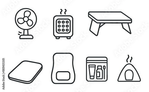 Monochrome icons: fan, heater, table, cushion, seat, toiletry kit, tent