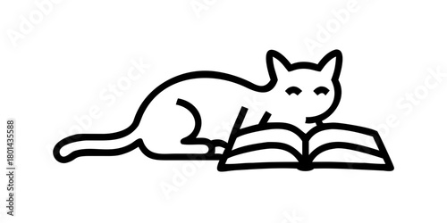 Inquisitive cat lying on open book, flipping through pages icon
