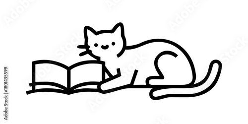 Inquisitive cat lying on open book, flipping through pages icon
