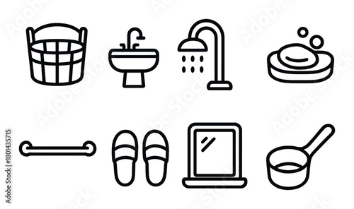 Minimalist bathroom icons set: basket, sink, shower, soap, towel, slippers, mirror, ladle
