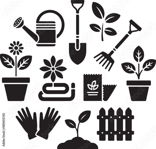 Gardening tools icons set for green living lifestyle