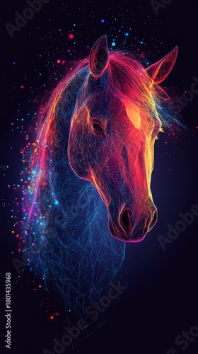 Neon Horse Head Illustration with Polygonal Mesh and Low Poly Wireframe. Vibrant Glowing Particle Effect on Dark Background