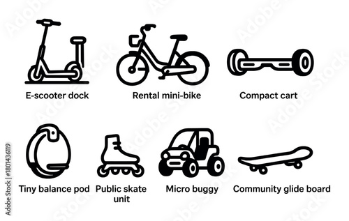 Icon collection of personal transportation devices including e-scooter and micro buggy