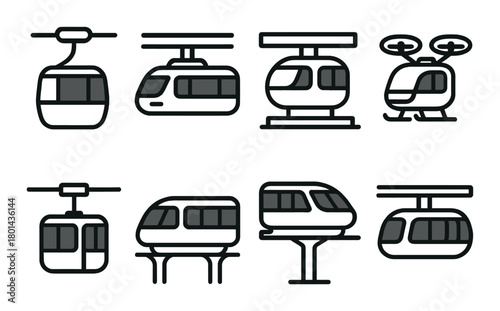 Set of cable car icons in various styles on dark background