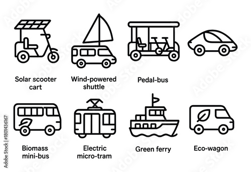 Innovative eco-friendly transport icons: solar scooter, pedal bus, green ferry, biomass mini-bus