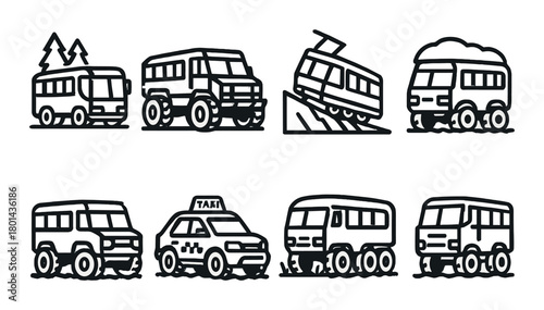 Set of stylized vehicle designs with buses, train, taxi, and off-roader