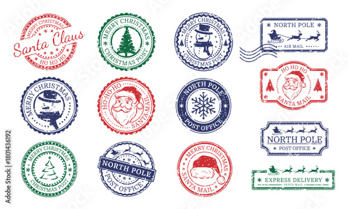 Santa Claus North Pole Post Office stamp set. Isolated on white background. Collection of New Year and Christmas design elements. Vector illustration.