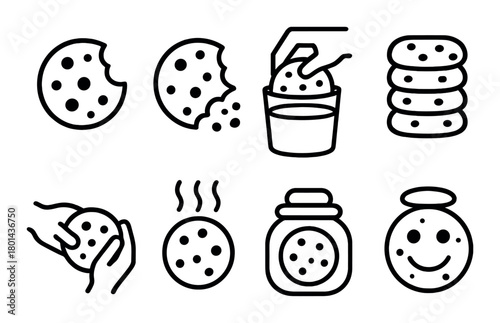 Cookie icons: eating dipping baking stacking holding and enjoying sweet treats