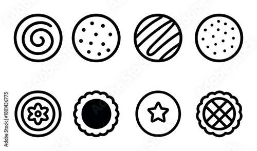 Black and white cookie icons: minimalist circular designs with patterns